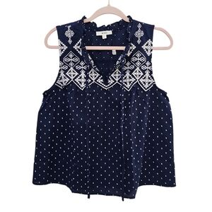 NWT Anthropologie Polka Dot Embroidery Cotton Top Size L Navy Blue Bohemian